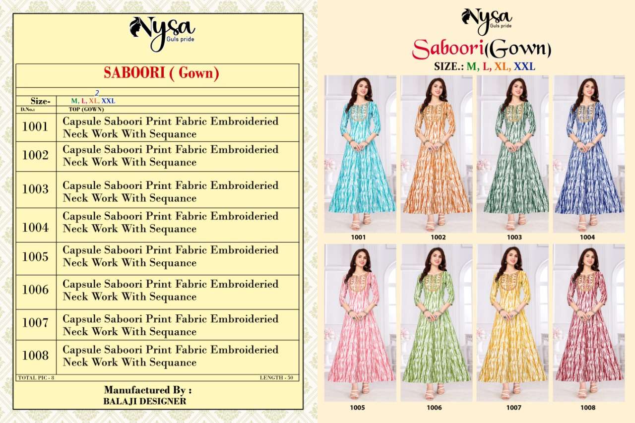 Nysa-saboori  Vol-1-fabric-rayon-embroidery- Sequence Work-capsule-saboori Print-anarkali-long-gown-Index